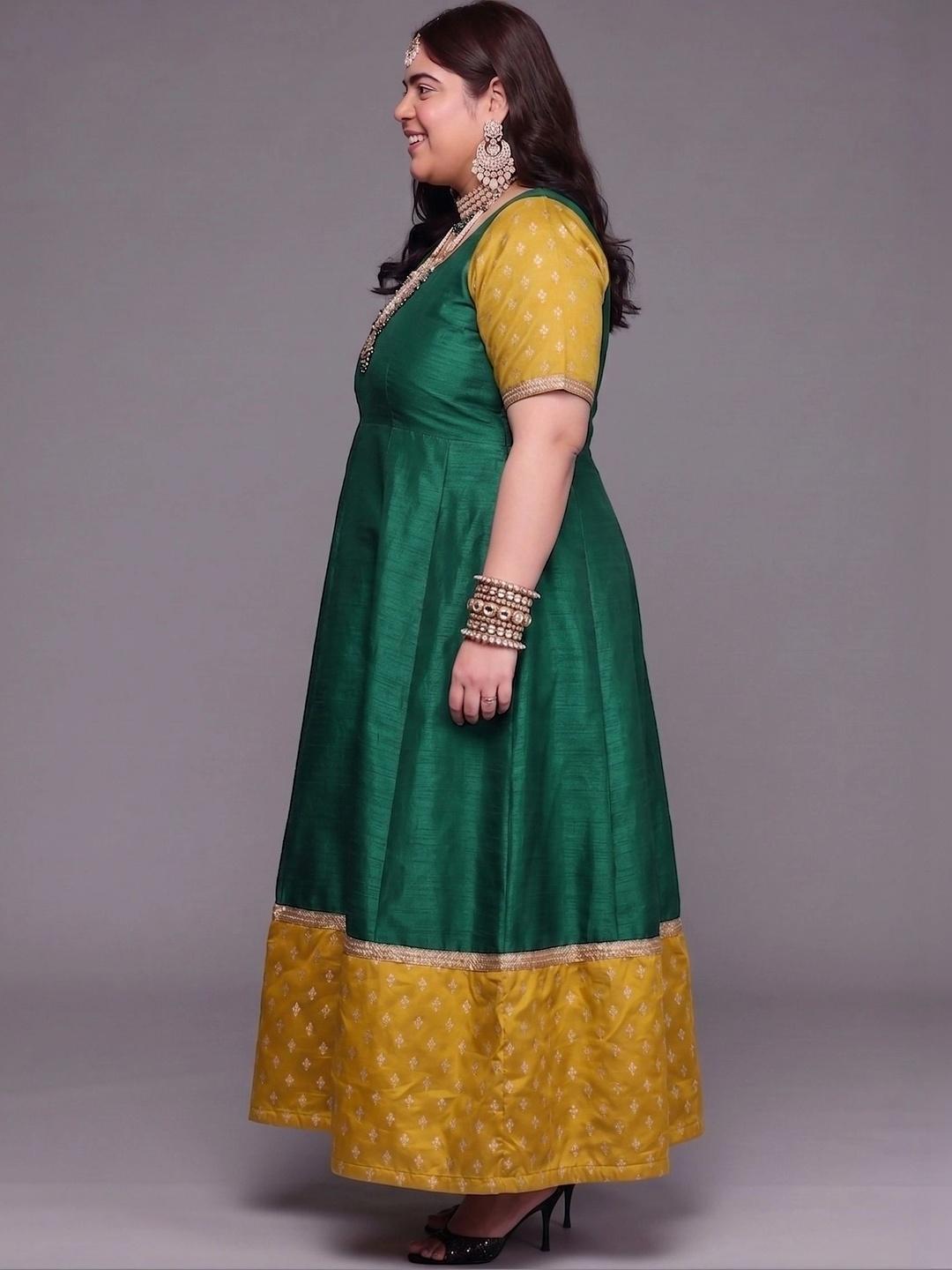 A PLUS BY AHALYAA Printed Round Neck Fit & Flared Ethnic Dress - Green