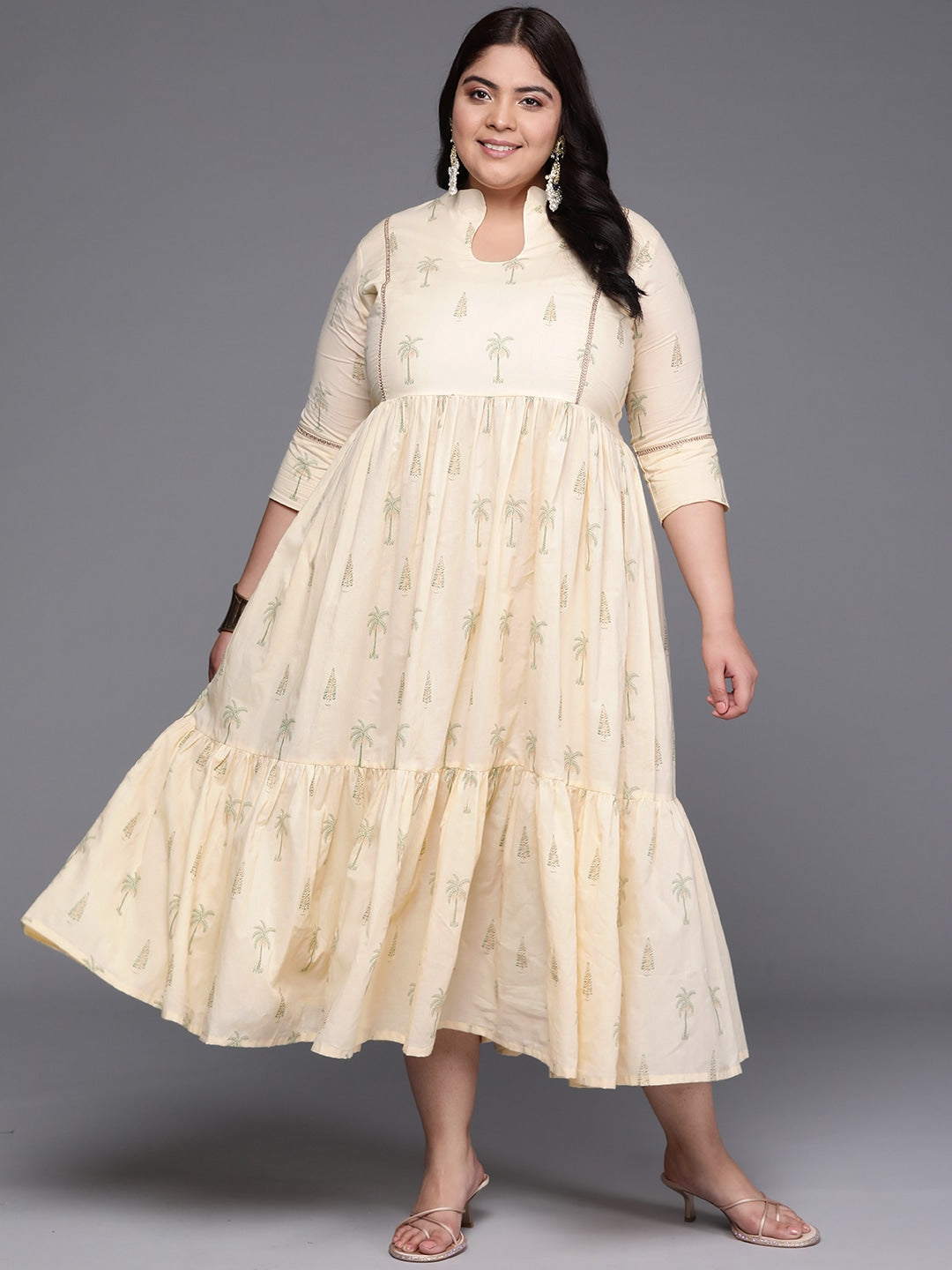 Plus Size Tropical Printed Pure Cotton Midi Ethnic Dress