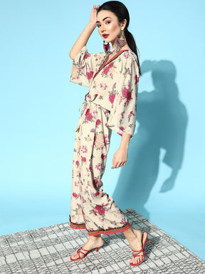 Ahalyaa Women Classy Beige Printed Cinched Waist Jumpsuit