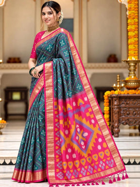 Ahalyaa Zari Silk Blend Pochampally Saree - Teal