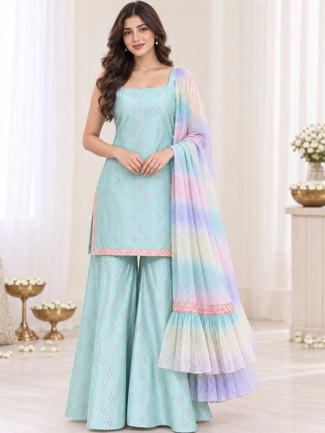 Ahalyaa Printed Kurta with Sharara & Dupatta - Sea Green - Front