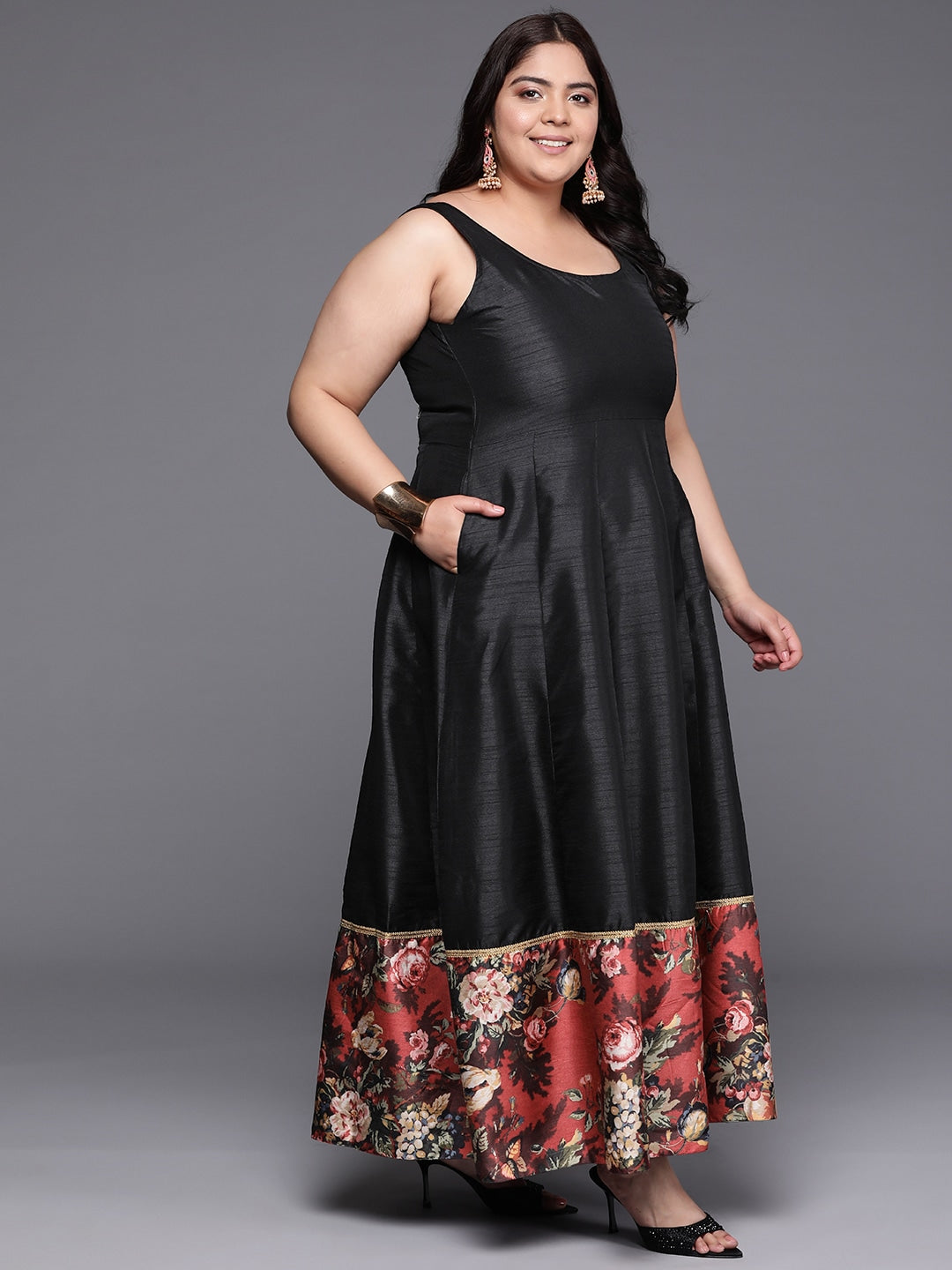 Plus Size Floral Printed Fit & Flare Maxi Ethnic Dress