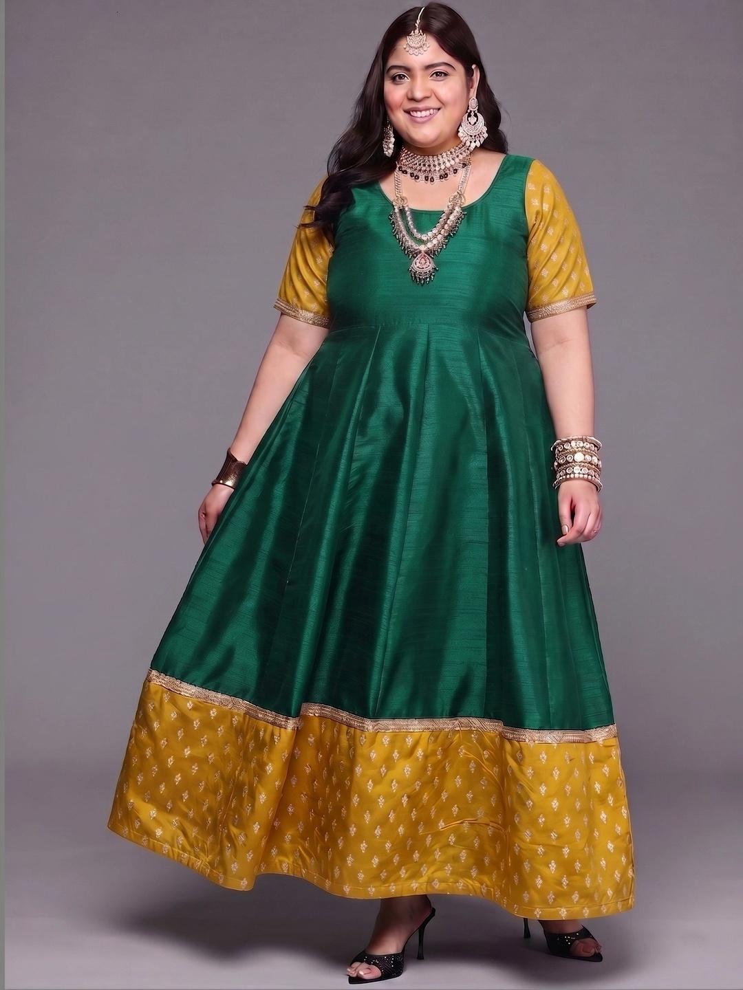 A PLUS BY AHALYAA Printed Round Neck Fit & Flared Ethnic Dress - Green