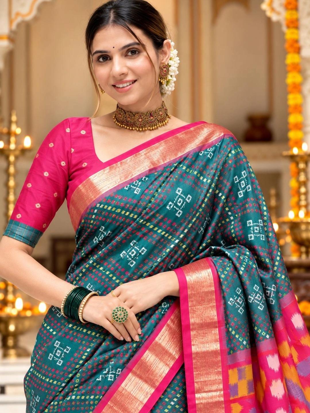 Ahalyaa Zari Silk Blend Pochampally Saree - Teal