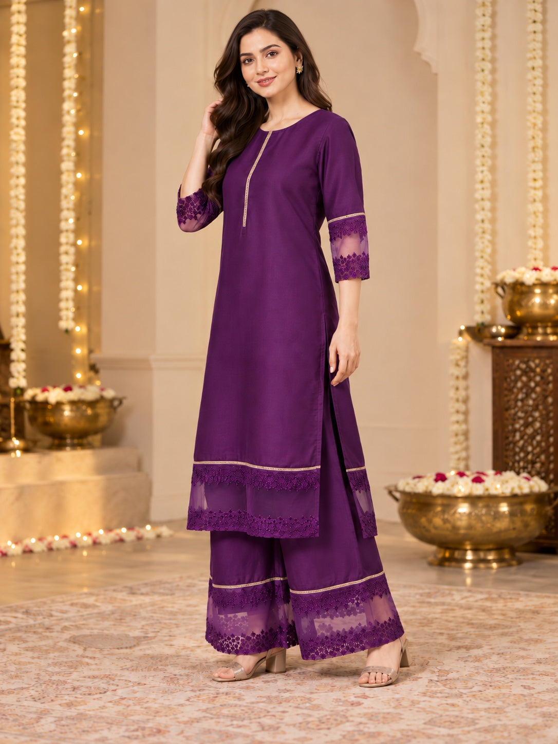 Ahalyaa Purple Solid Kurta Palazzo Set