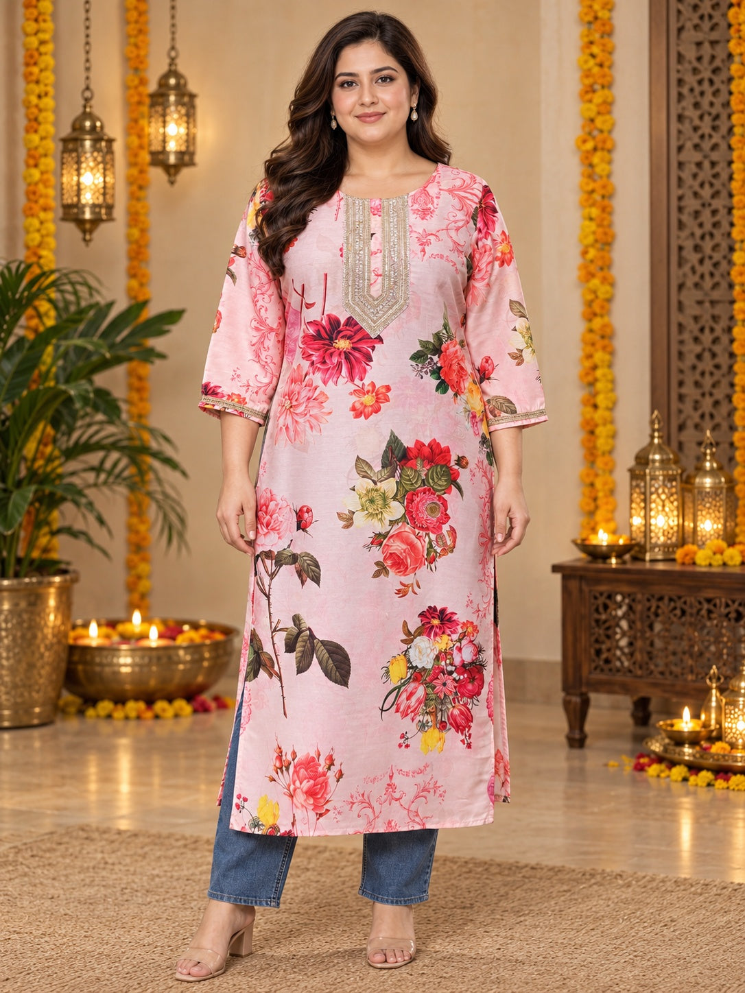 A PLUS BY AHALYAA Pink Floral Printed Kurta