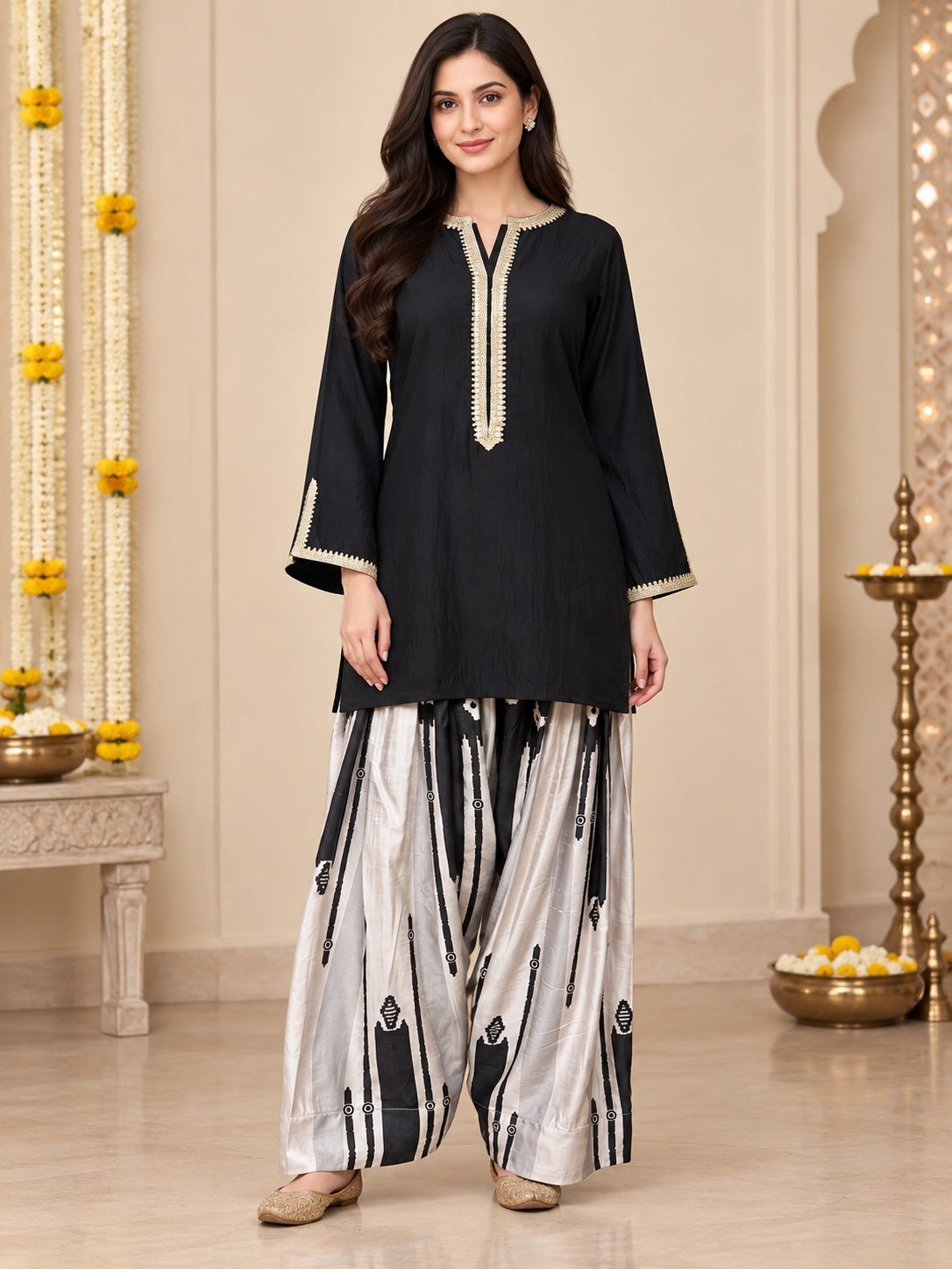 Ahalyaa Black Geometric Print Kurta Salwar Set