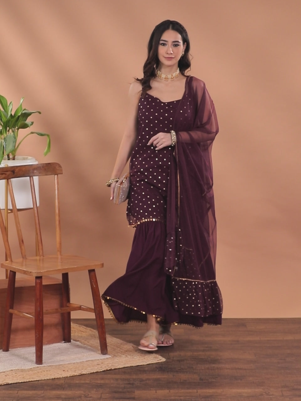 Women's Burgundy Top to Toe Fusion Sharara Set With Dupatta