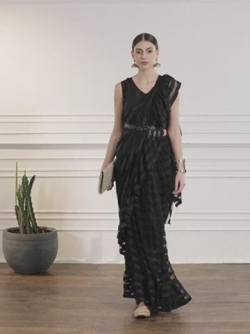 Black Self-Striped Ruffled Ready to Wear Saree (Without Blouse)