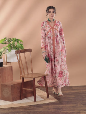 Pink Floral Printed High Slit Kurta with Trousers