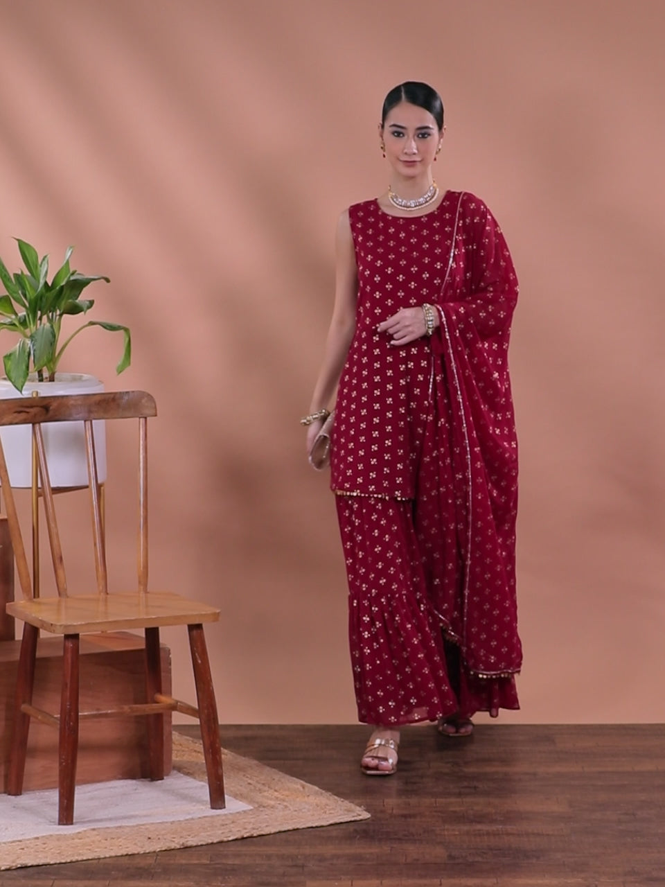 Women's Maroon & Gold-Toned Printed Sharara Set With Dupatta