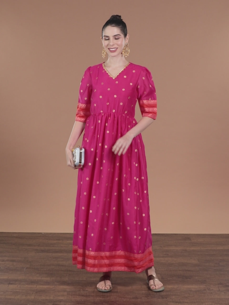 Pink Chanderi Gold Foil Print Dress