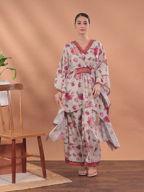 Beige & Pink Floral Printed Pleated Kurta with Palazzos