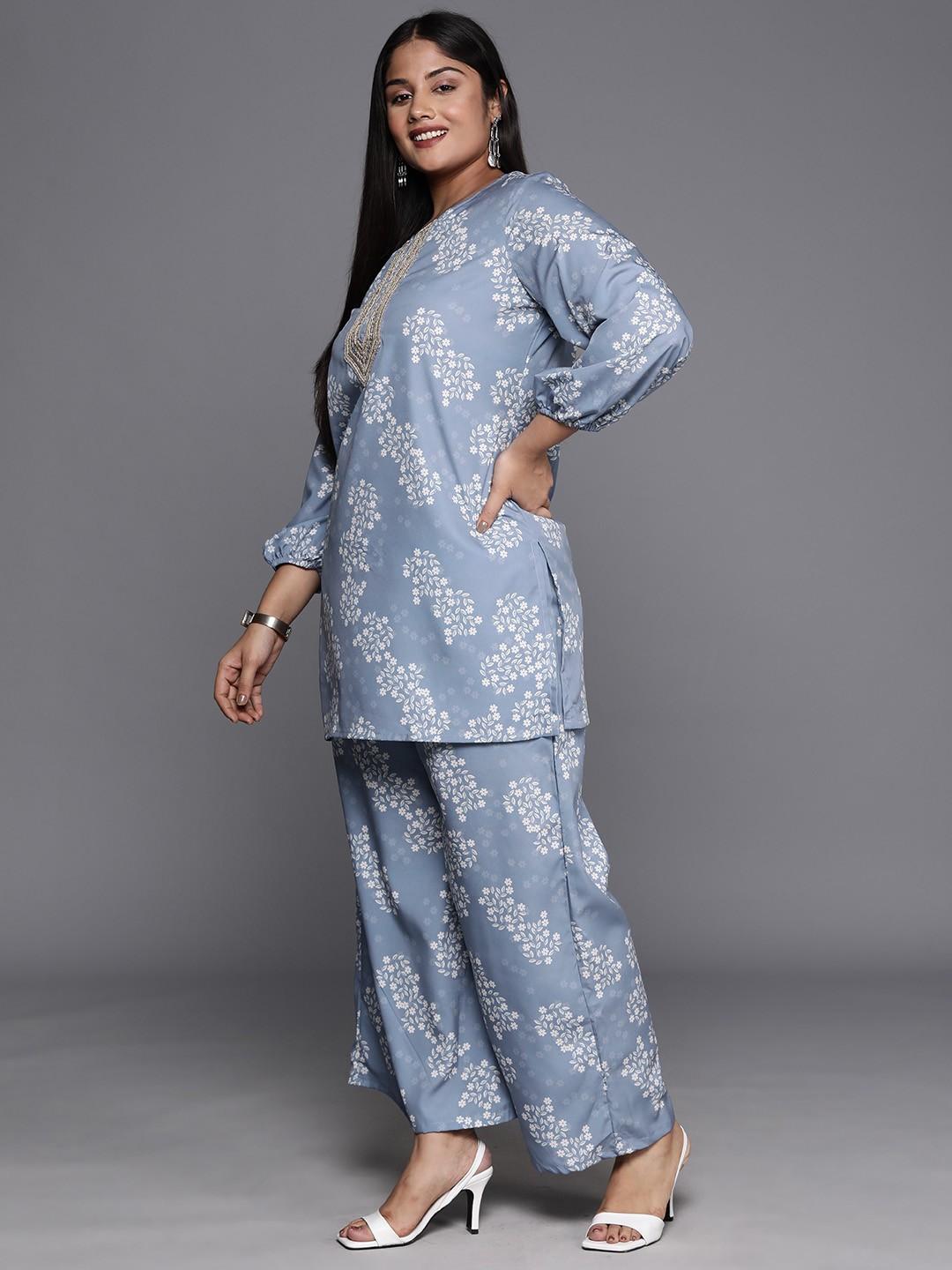 A PLUS BY AHALYAA Plus Size Floral Print Zari Ethnic Tunic with Palazzos - Grey