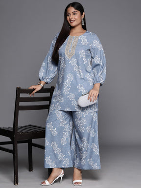 A PLUS BY AHALYAA Plus Size Floral Print Zari Ethnic Tunic with Palazzos - Grey