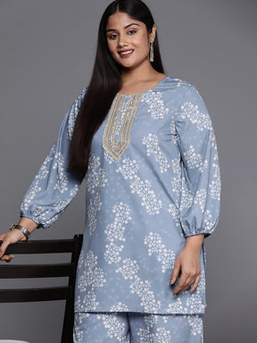 A PLUS BY AHALYAA Plus Size Floral Print Zari Ethnic Tunic with Palazzos - Grey