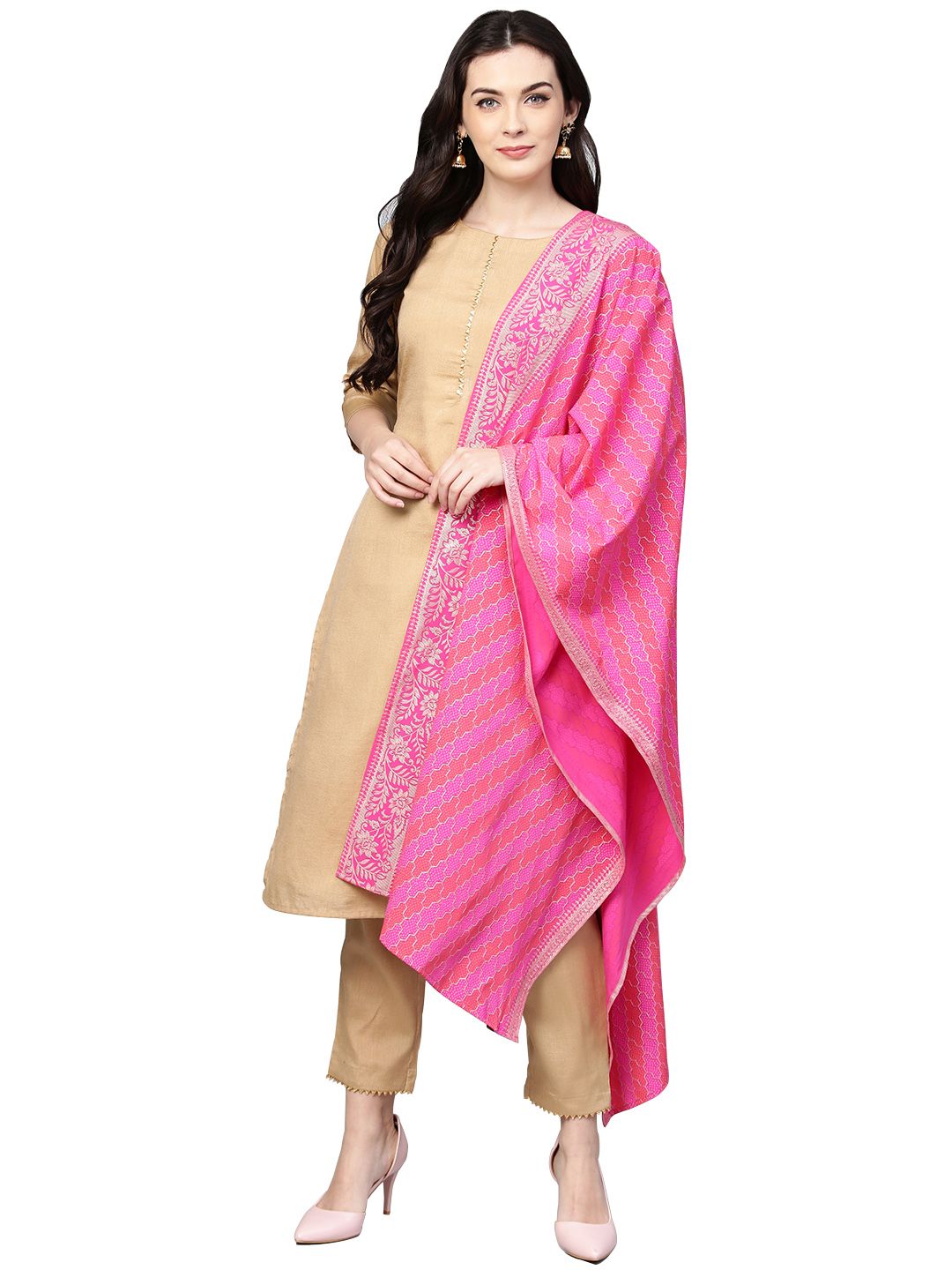 Beige Faux Silk Kurta Pant Set with Traditional Bandhani Print Dupatta