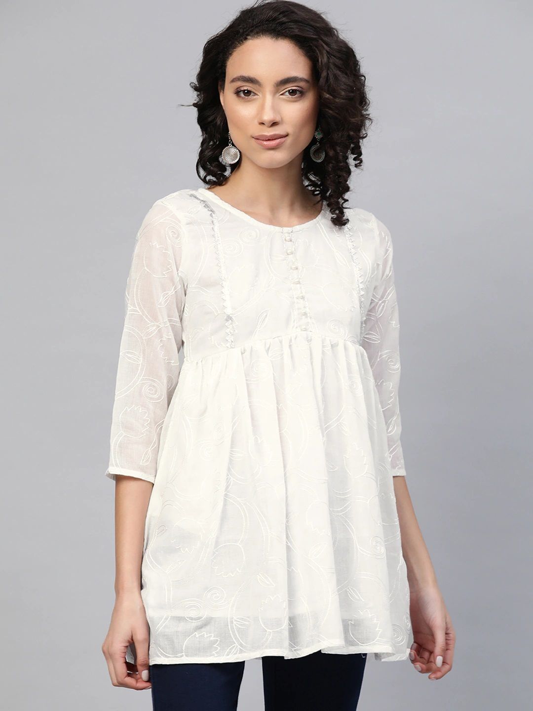 Ahalyaa Women Off-White Cotton Embroidered Tunic