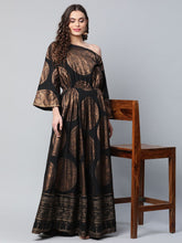 Ahalyaa Womens Black Crepe Copper Foil Printed Maxi Dress