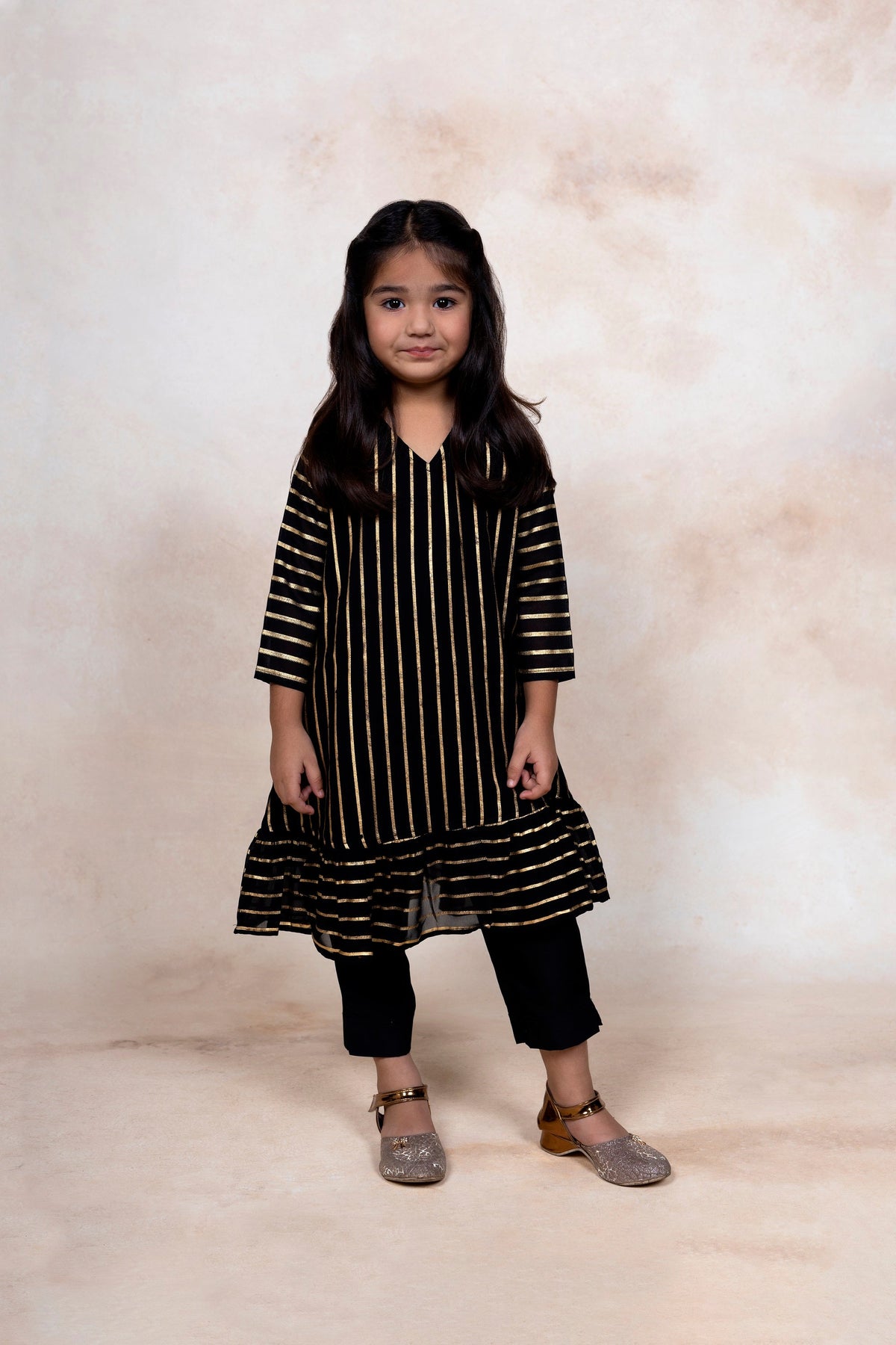 Black Printed Georgette Girls Kurta Set