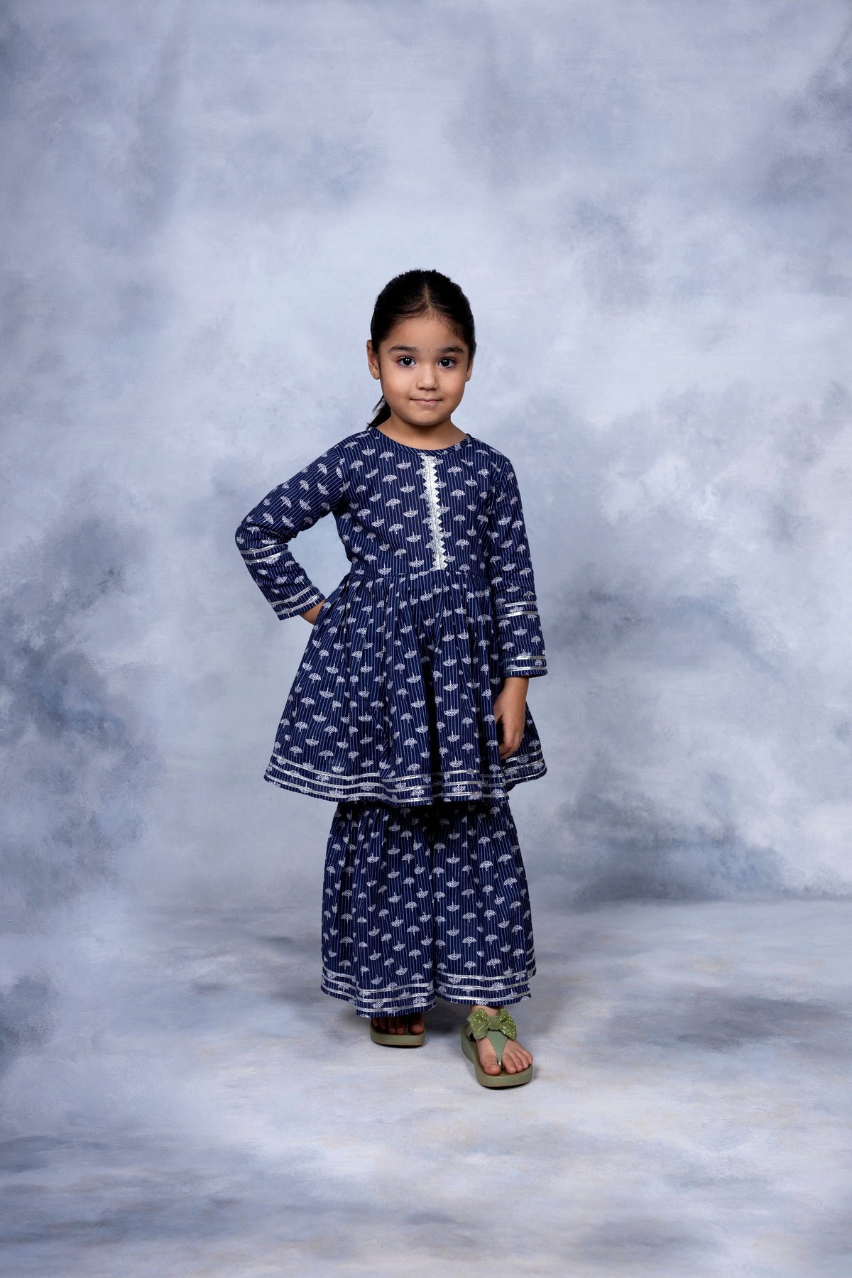 Ahalyaa Girls Navy Blue Pure Cotton Digital Printed Kids Kurta Sharara Set