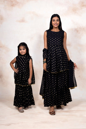 Black Georgette Gold Foil Print Girls Peplum style Sharara Set With Dupatta