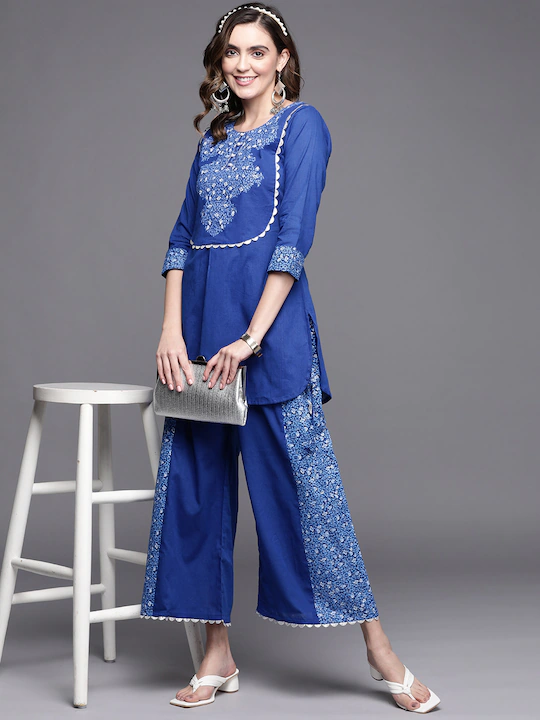 Ahalyaa Womens Royal Blue Pure Cotton Printed Tunic Palazzo Set