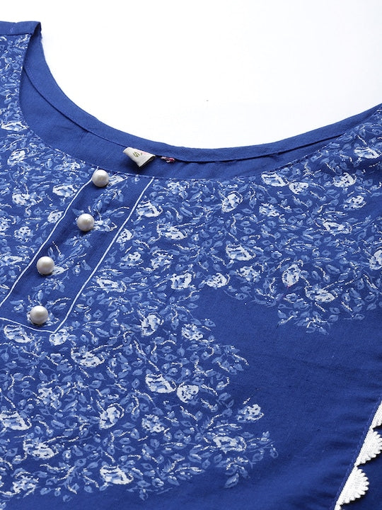 Ahalyaa Womens Royal Blue Pure Cotton Printed Tunic Palazzo Set