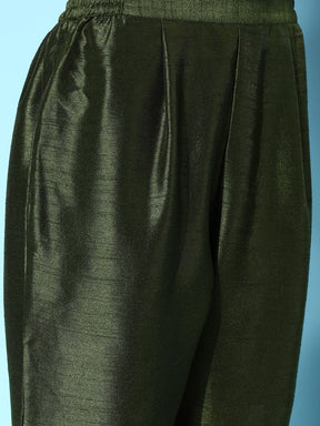Olive Green Poly Silk Gold Printed Kurta Pant Set With Dupatta