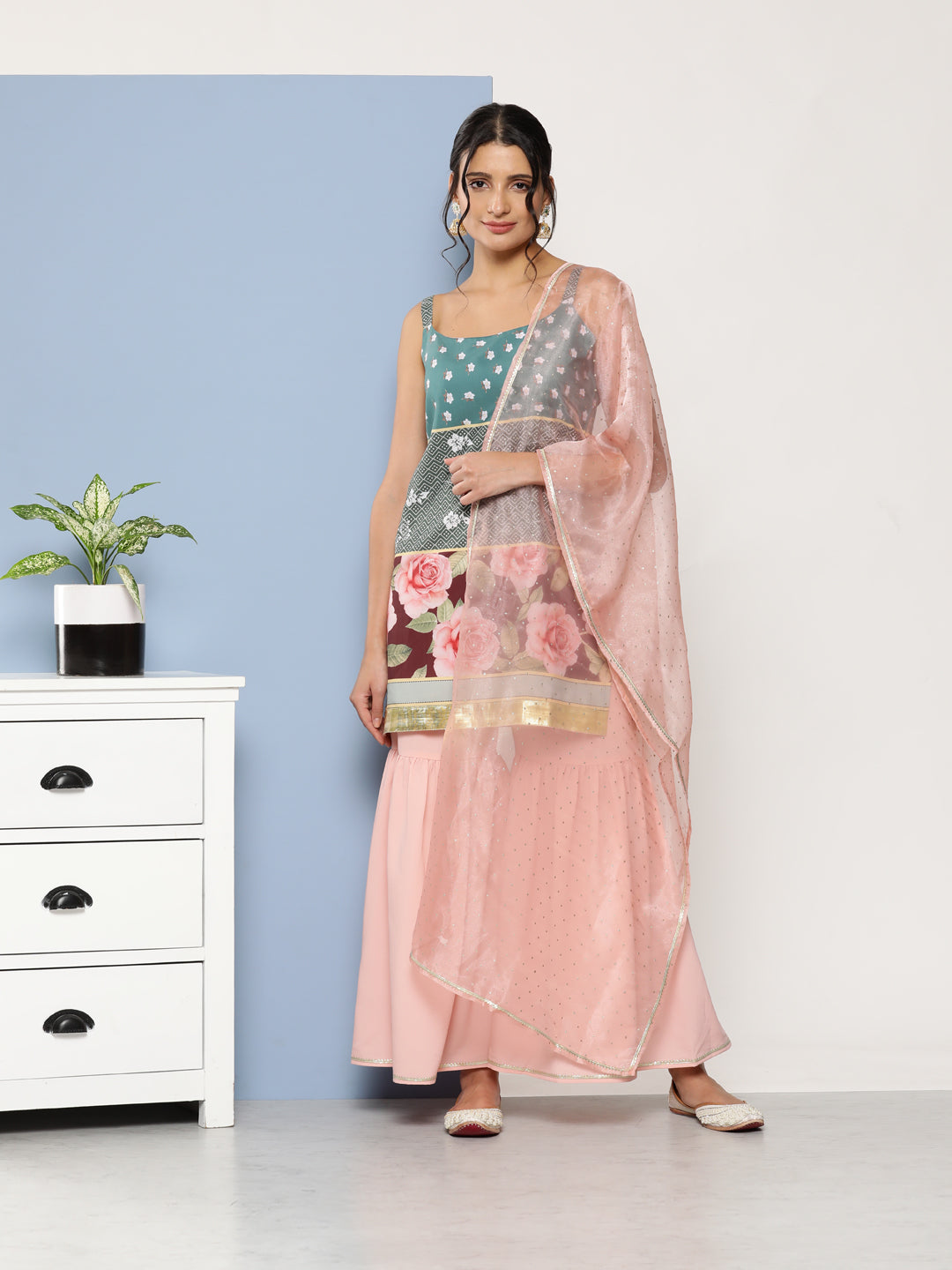 Women's Green & Pink Floral Printed Gotta Patti Sharara Set With Dupatta