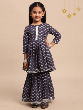 Navy Blue Pure Cotton Digital Printed Girls Sharara Set