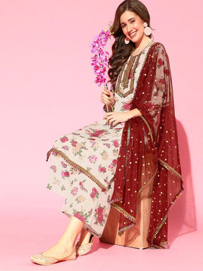 Beige Floral Printed Regular Gotta Patti Kurta with Palazzos & With Dupatta