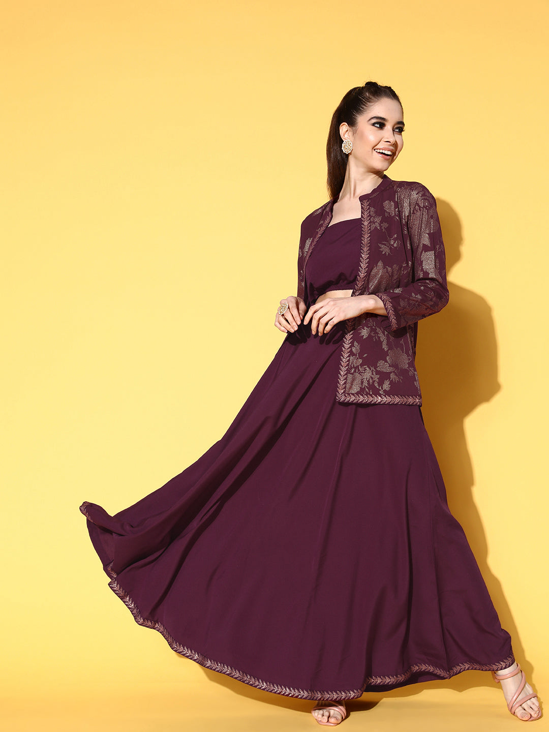 Ahalyaa Women Burgundy Top With Skirt & With Jacket