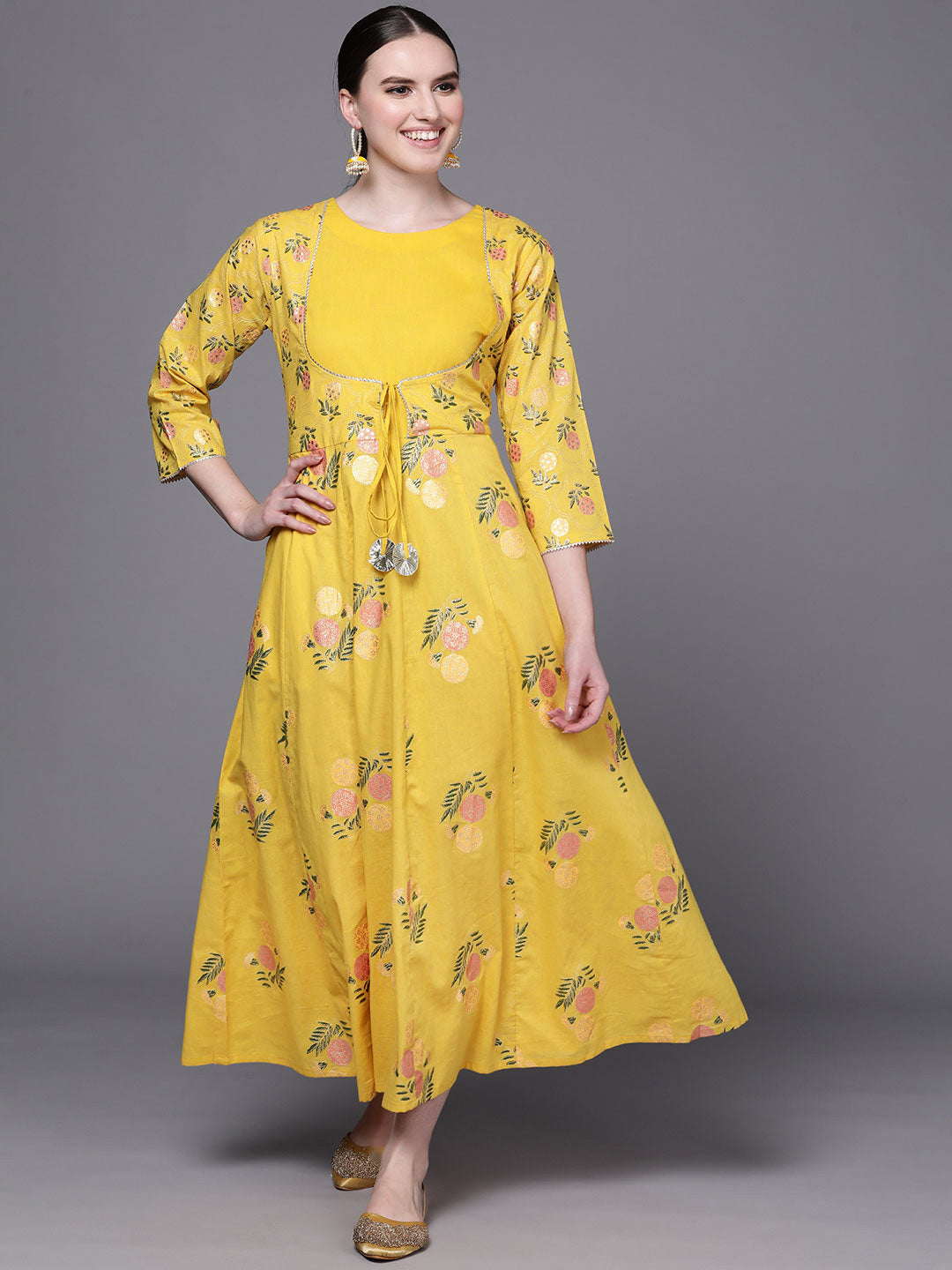 Yellow Floral Print Fit & Flare Pure Cotton Maxi Ethnic Dress