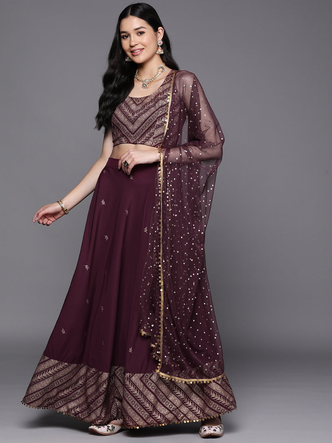 Purple & Gold-Toned Printed Sequined Ready to Wear Lehenga & Blouse With Dupatta