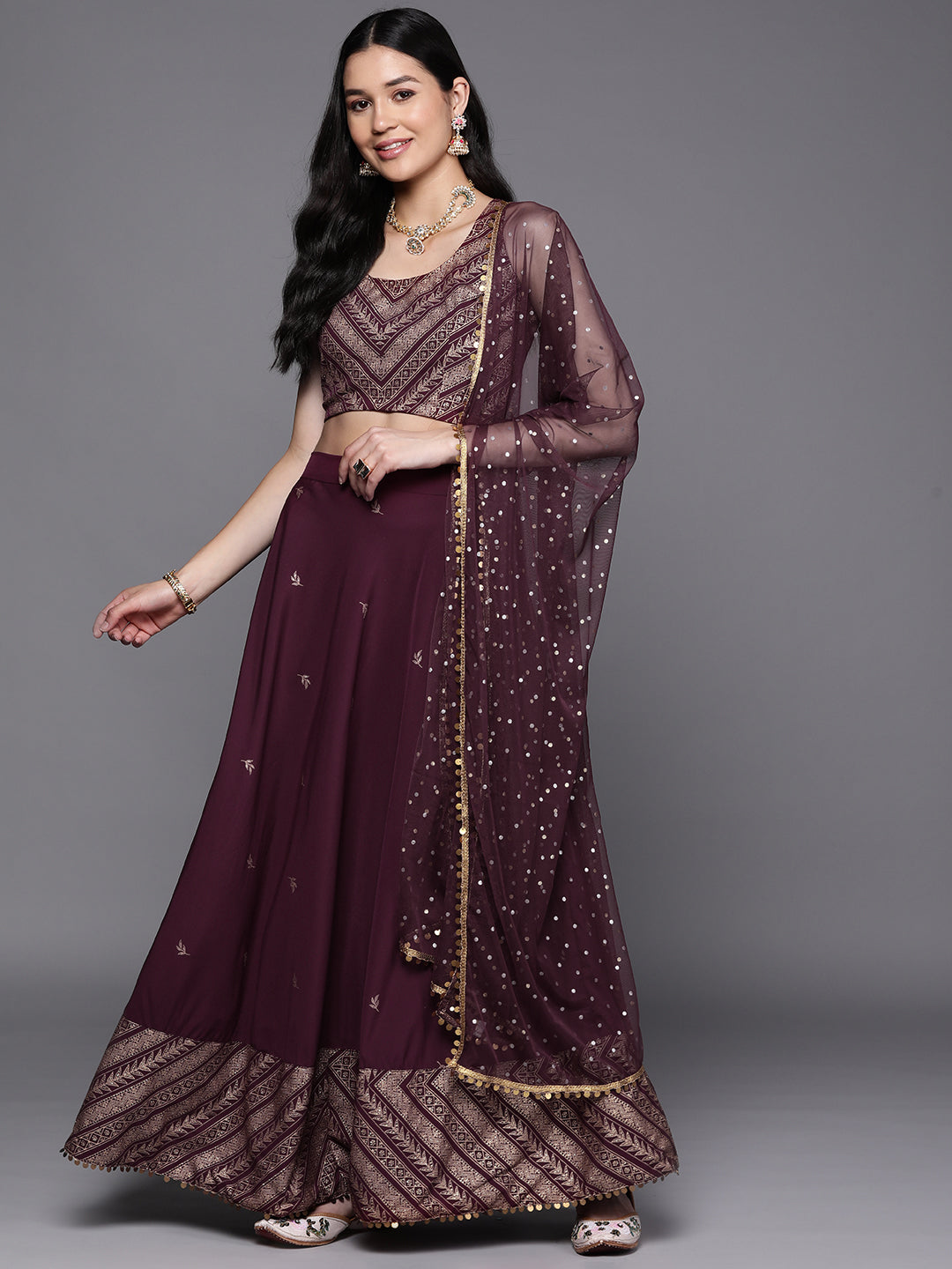 Ahalyaa Purple & Gold-Toned Printed Sequinned Foil Print Ready to Wear Lehenga & Blouse With Dupatta