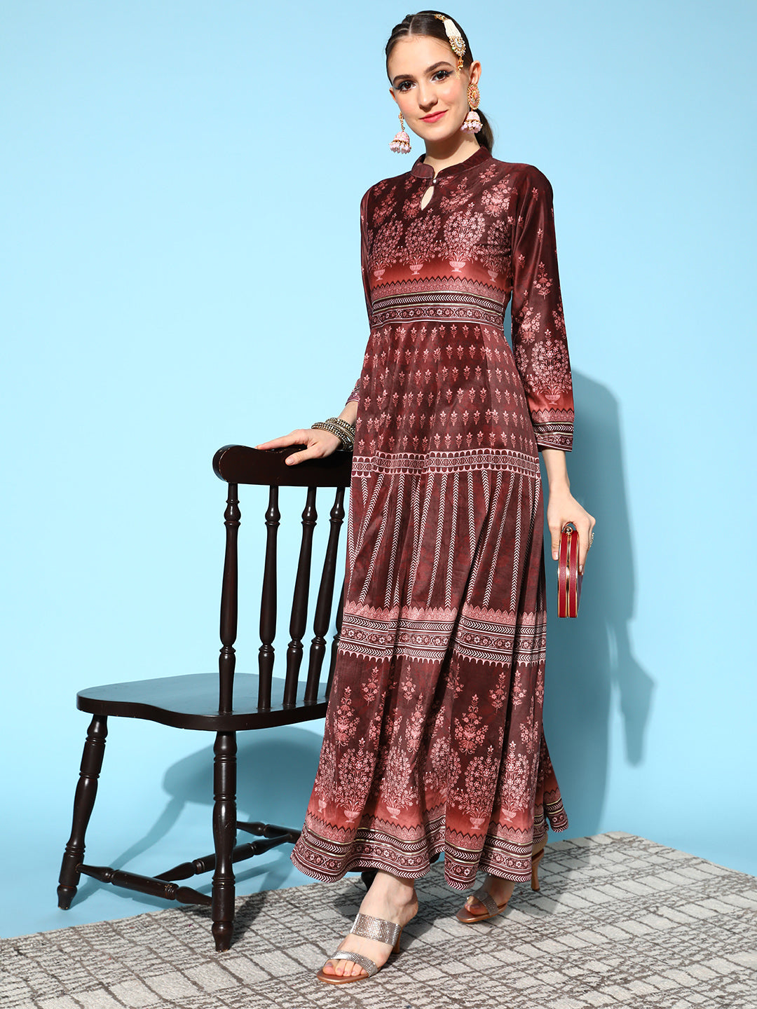 Burgundy Digital Printed Velvet Ethnic Dress