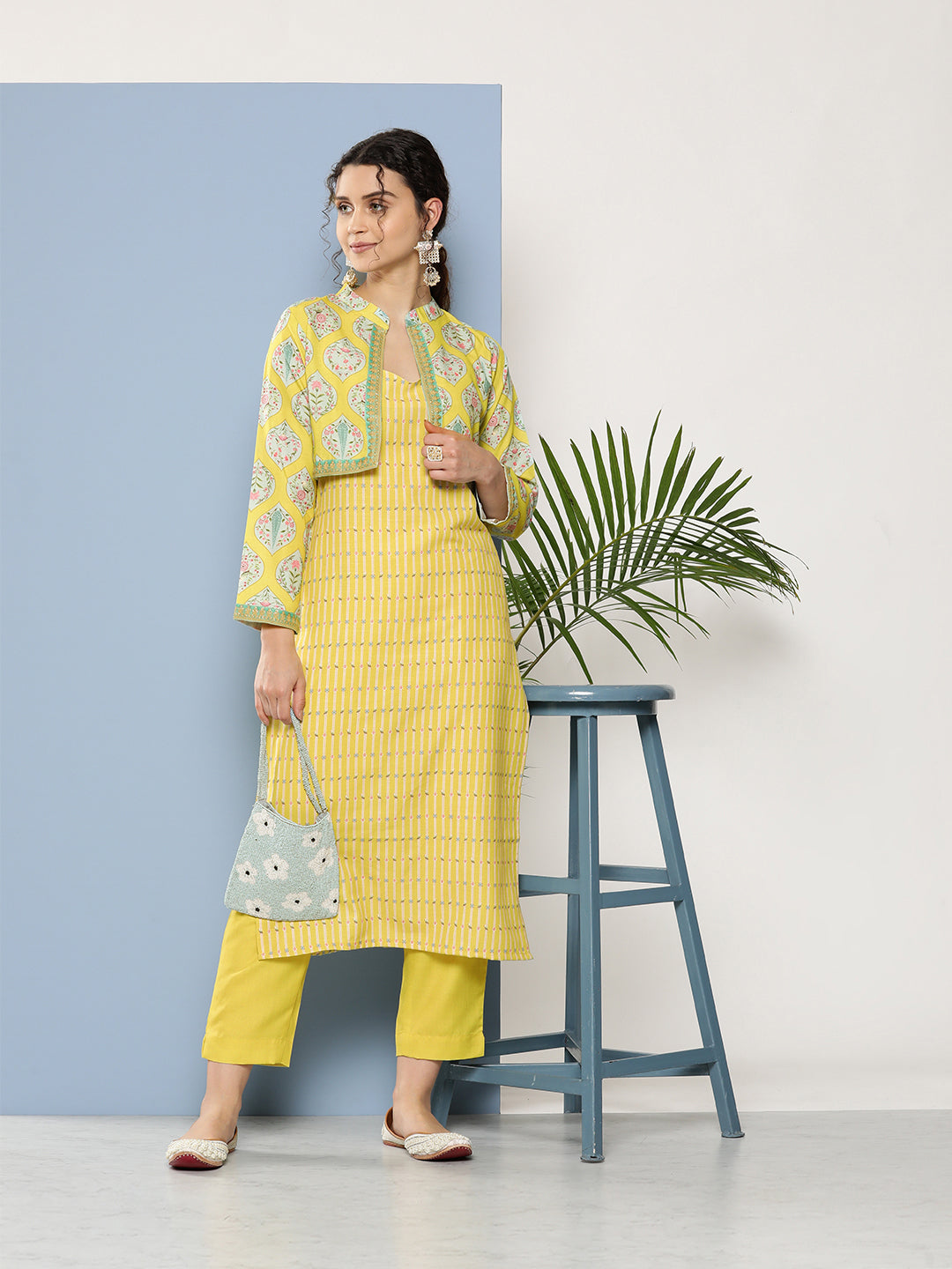 Yellow Floral Printed Pure Cotton Kurta with Trousers & Jacket