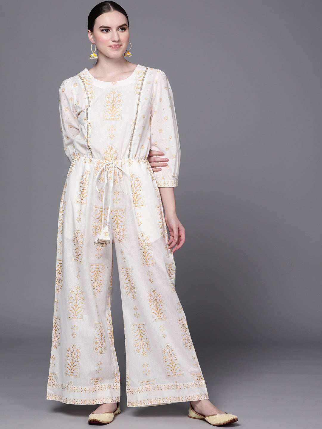 Off White Printed Pure Cotton Jumpsuit with Waist Tie-ups