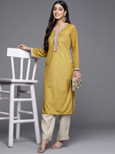 Ahalyaa Women Mustard Yellow & Golden Ethnic Motifs Yoke Design Velvet Kurta