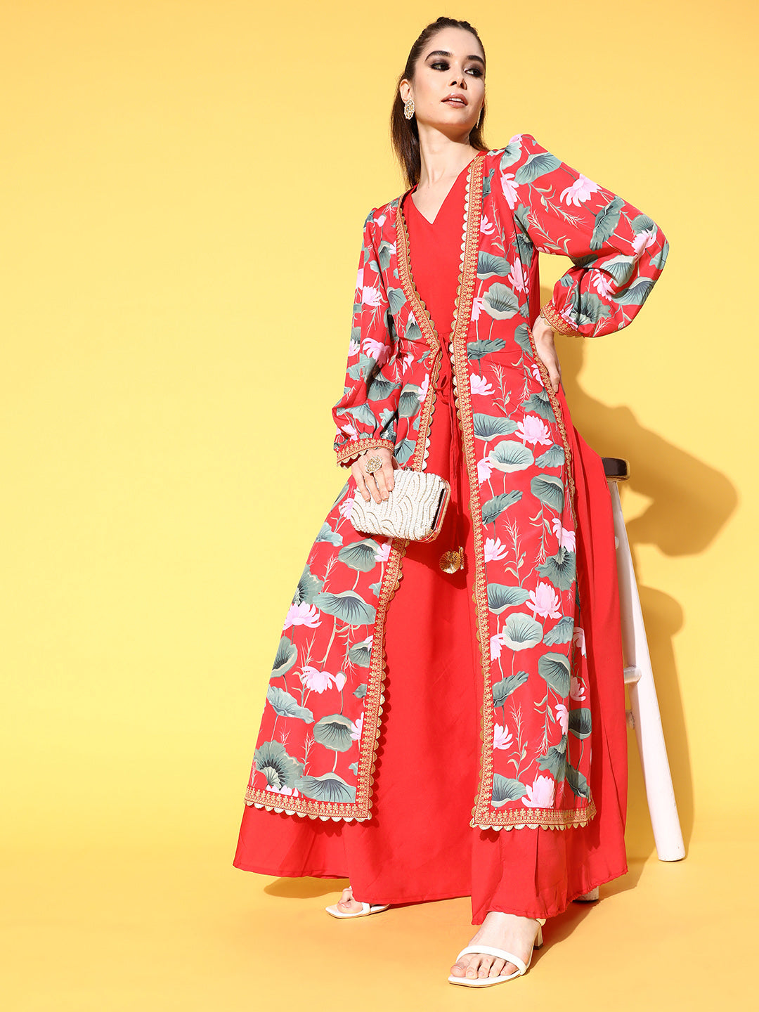 Red Floral Printed Tie-Ups Maxi Ethnic Dress