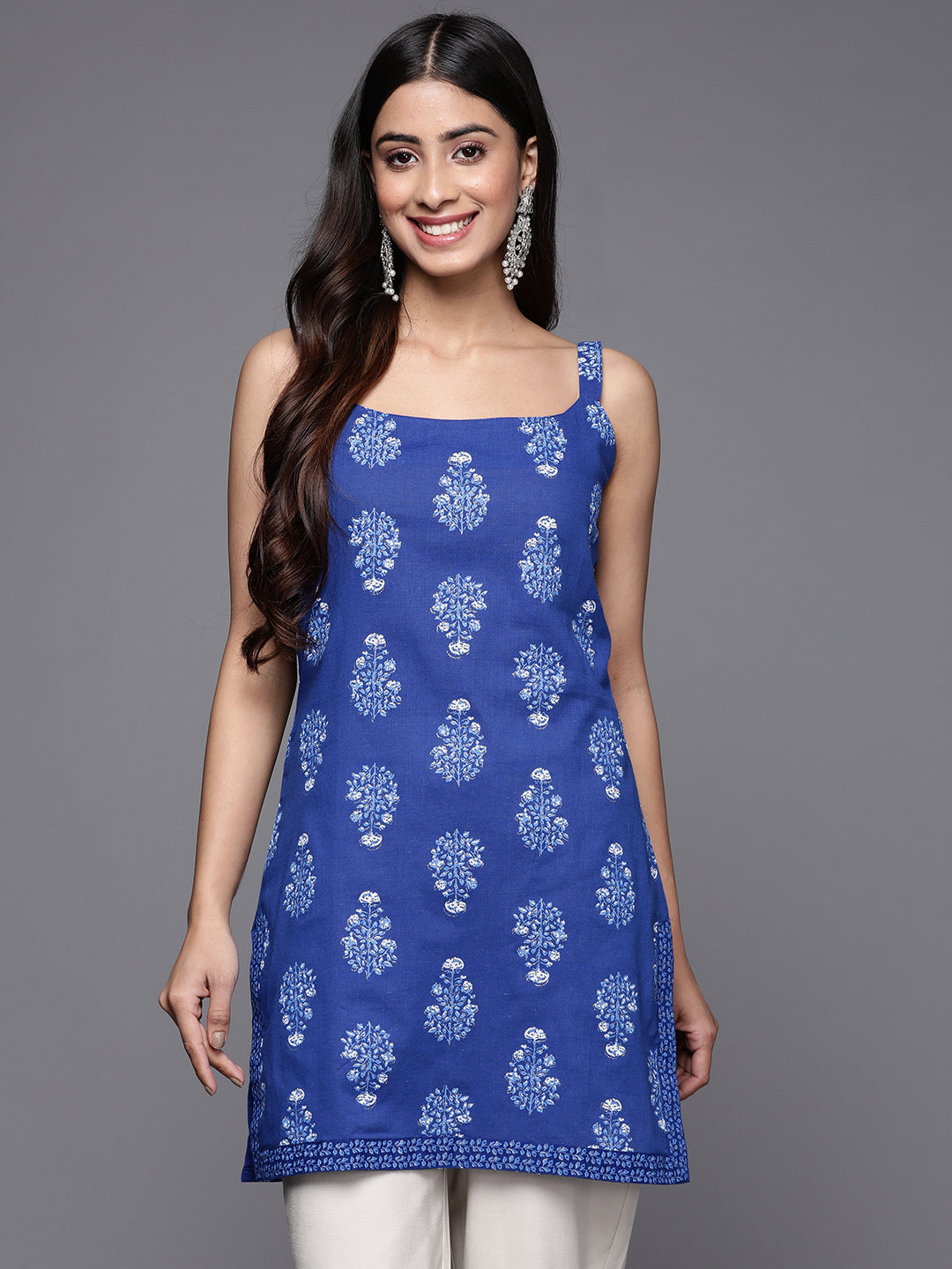 Blue & White Floral Printed Pure Cotton Tunic