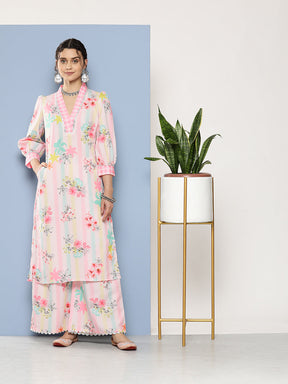 Pink Floral Printed Gotta Patti Kurta with Palazzos