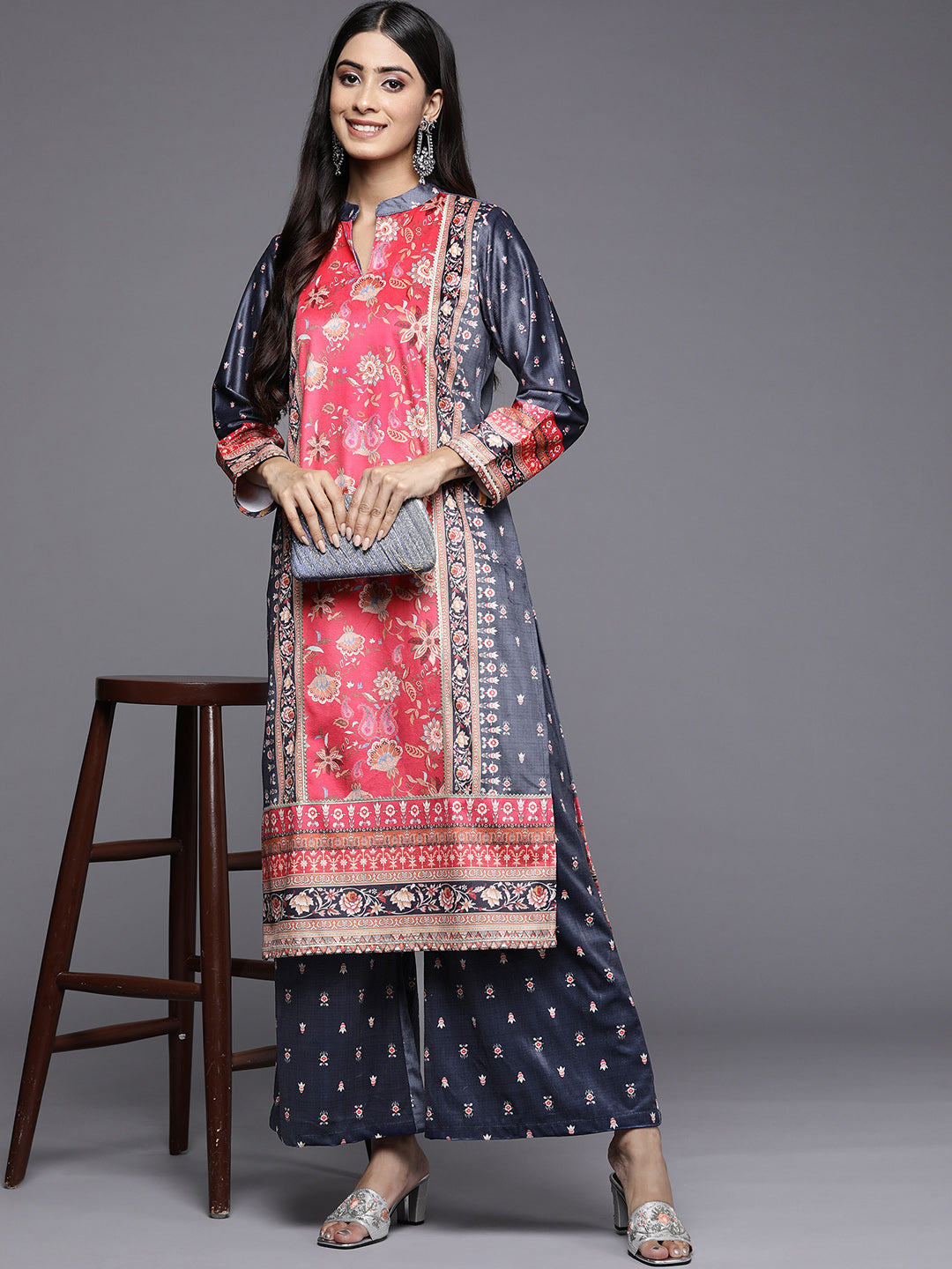 Navy Blue Printed Gotta Patti Velvet Kurta with Palazzos