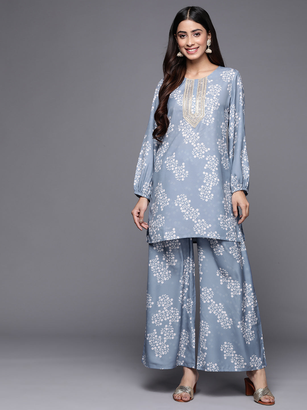 Blue Embroidered Floral Printed Co-ords