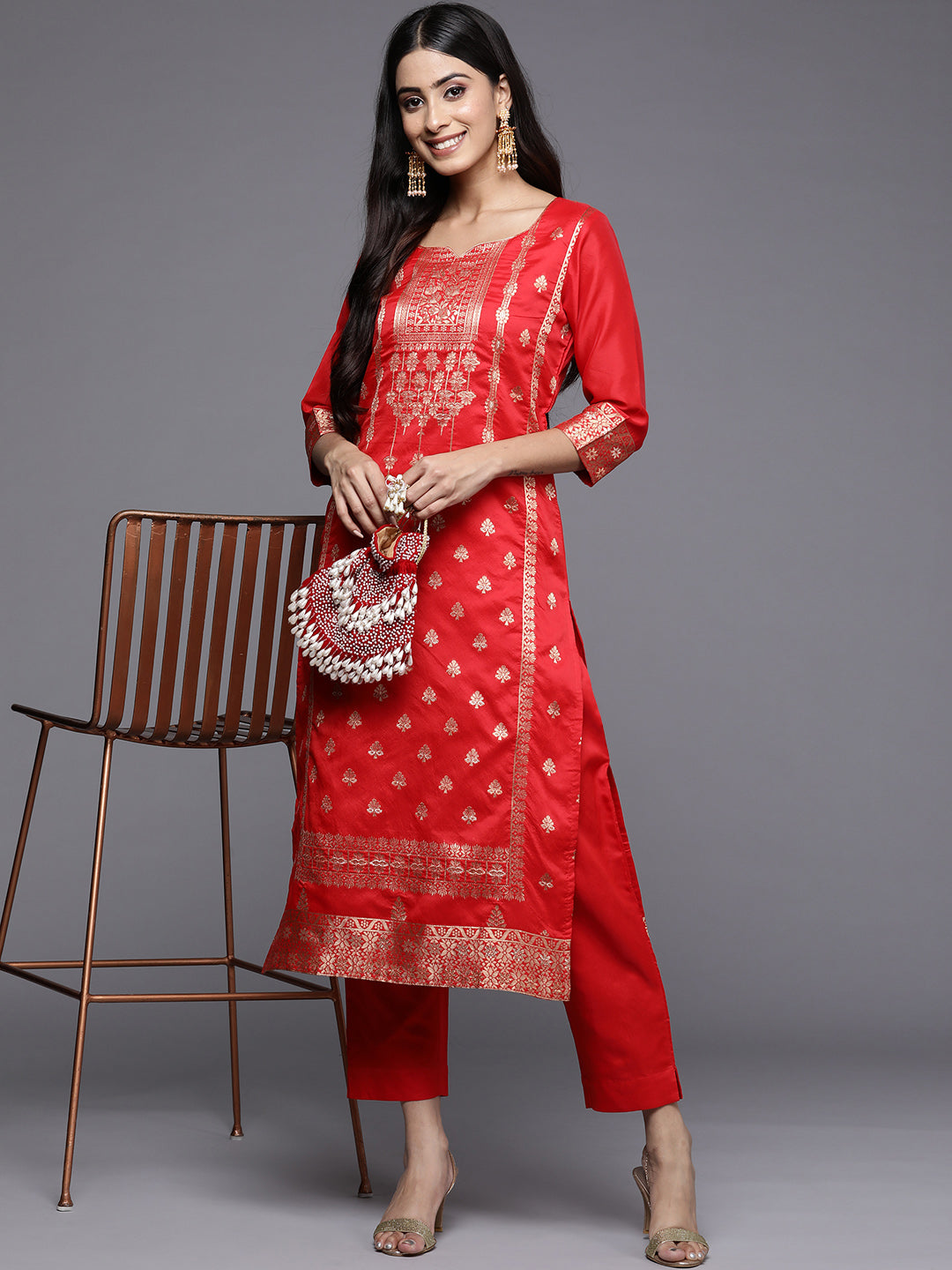 Red Woven Design Kurta with Trousers