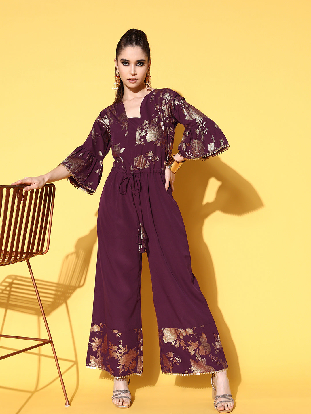 Burgundy & Gold-Toned Printed Ethnic Jumpsuit With Waist Tie-Ups