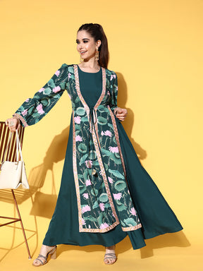 Green Floral Printed Layered Maxi Ethnic Dress with Waist Tie-Ups