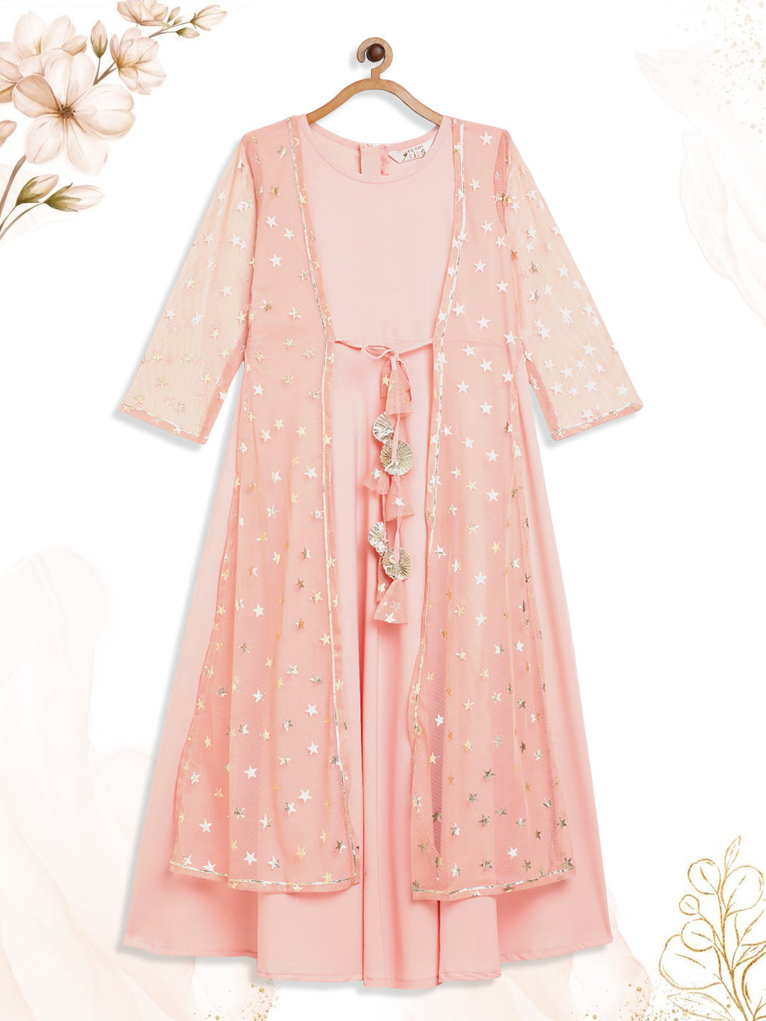 Ahalyaa Girls Pink Crepe & Net Foil Print Kids Dress