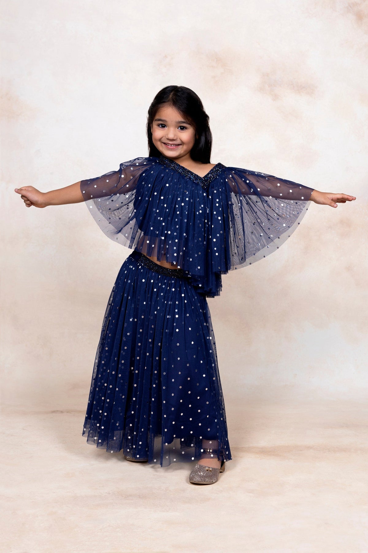 Navy Blue Net Asymmetric Girl's Kurta Sets